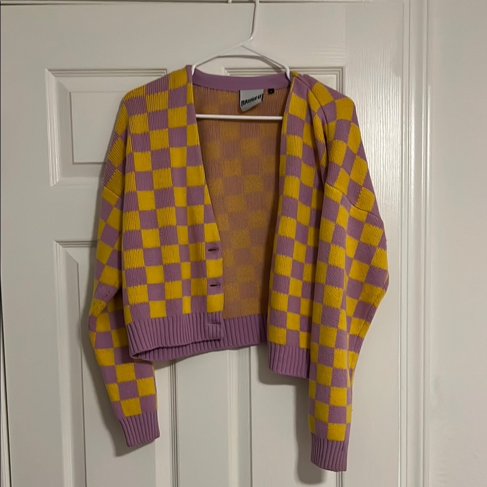 The Ragged Priest Checkerboard Purple and Yellow Sweater